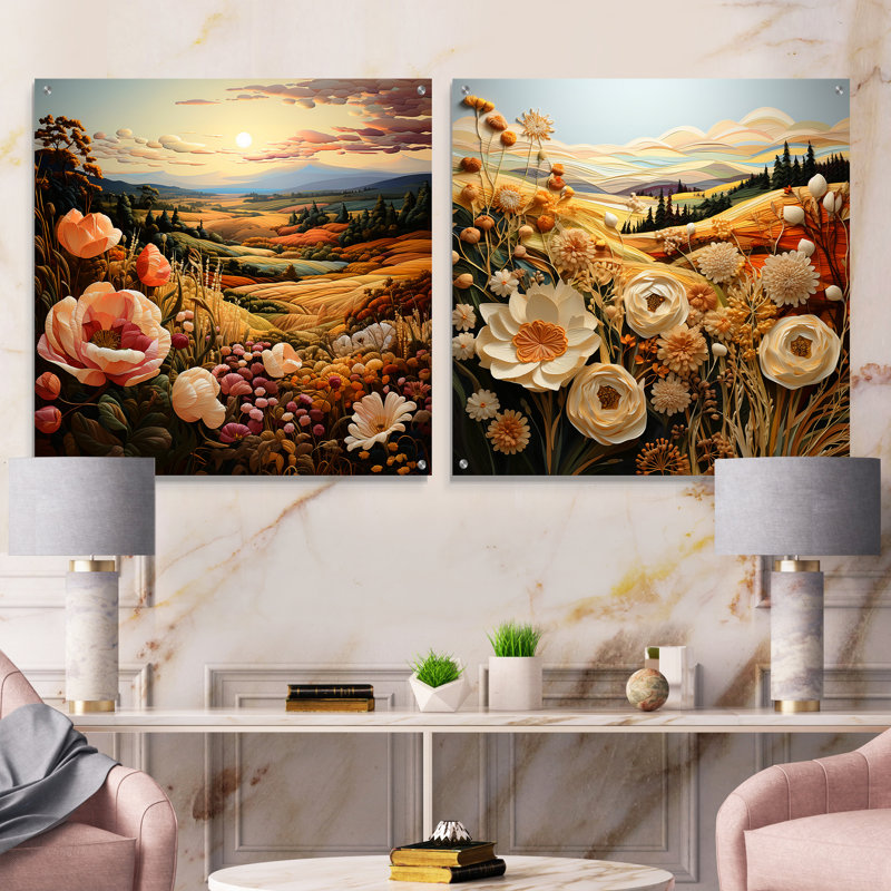 Tapisserie de jardin filetée - ensemble de 2 peintures murales abstraites en acrylique, H 16 po x l 33 po