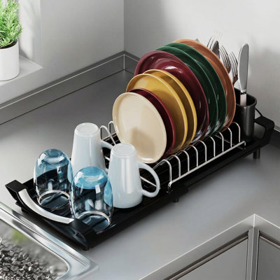 Expandable Dish Drying Rack For Sink Or Countertop – Compact Stainless Steel Dish Drainer With Removable Utensil Holder, Rustproof Plate Rack For Small Kitchen Spaces, Black