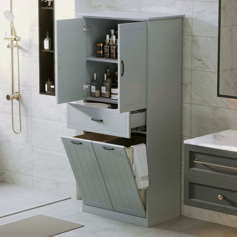 Bathroom Storage Cabinet With Two Laundry Baskets, Storage Cabinet With Doors And Drawer For Home