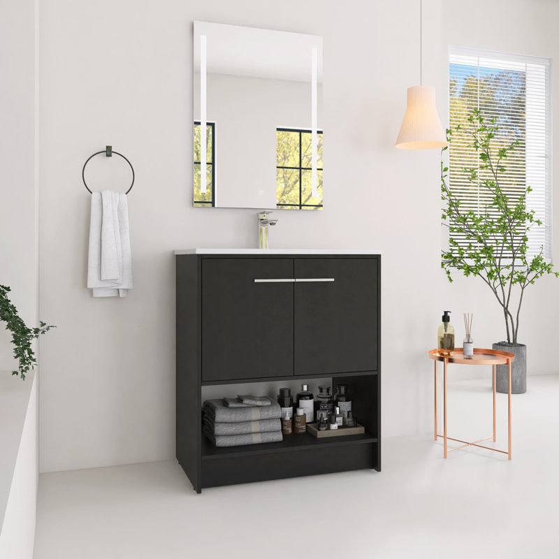 Meuble-lavabo autoportant 30 po avec lavabo en céramique, 2 portes à fermeture douce, Gris, Argent argent