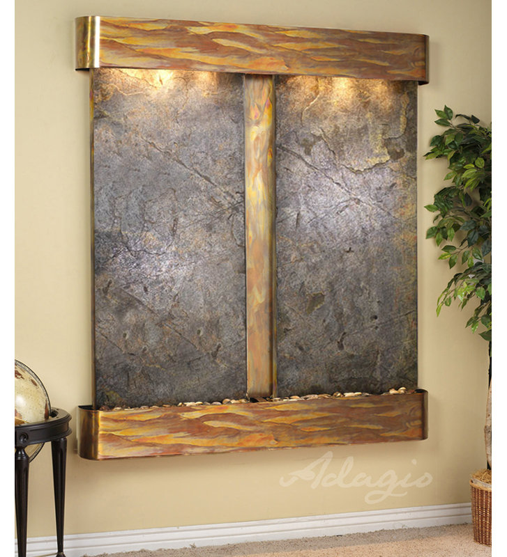 Cottonwood Falls Fountain with Light, Rustic Copper, Rainforest Green Marble, Rounded