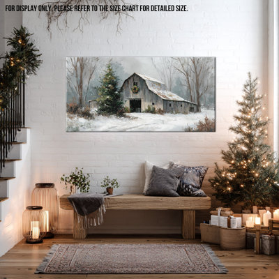 Grande décoration murale de Noël grange de Noël - scène de paysage d'hiver, art mural de Noël rétro pour salon, œuvre d'art sur toile encadrée, 20 x 40 po