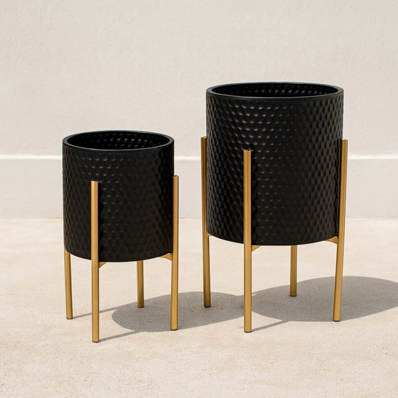 Aideen Metal Planter Pot Set for Indoor & Outdoor Use - Set of 2, Honeycomb Black