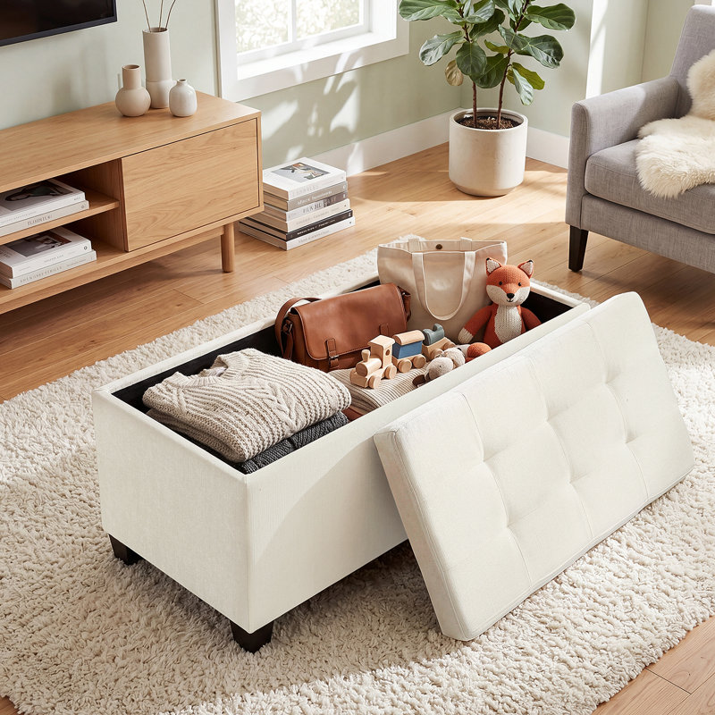 Banc rembourré rectangulaire avec rangement 30 "avec plateau, Beige Cotton Linen