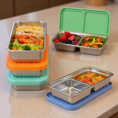 2 Compartment Stainless Steel Snack Container, 2 Per Divided Bento Box