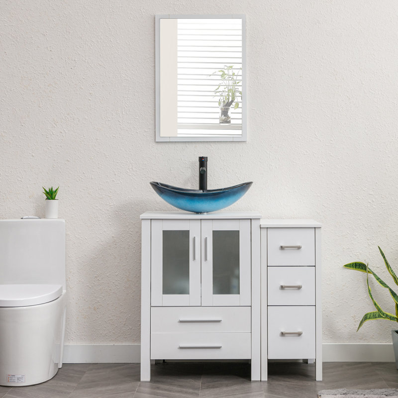 Breahnna 36'' Free Standing Single Bathroom Vanity with Manufactured Wood Top, Vessel Sink, Faucet, Drain, Blue, White