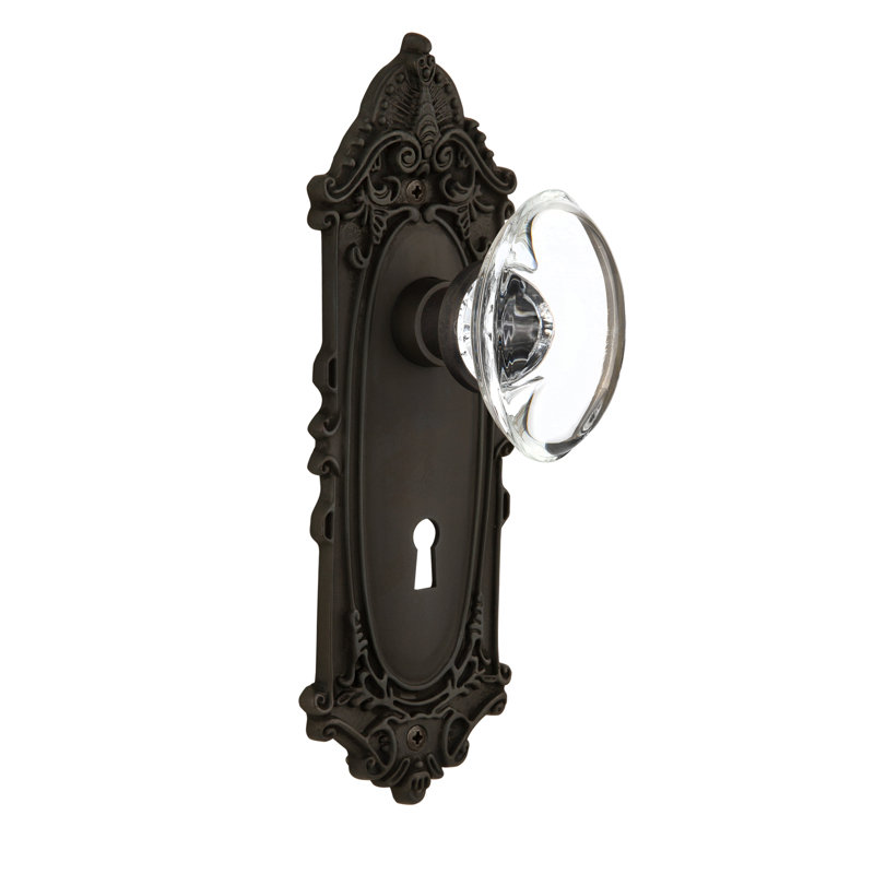 Plaque victorienne avec trou de serrure décoratif et poignée de porte ovale en cristal transparent, 2 3/8 po