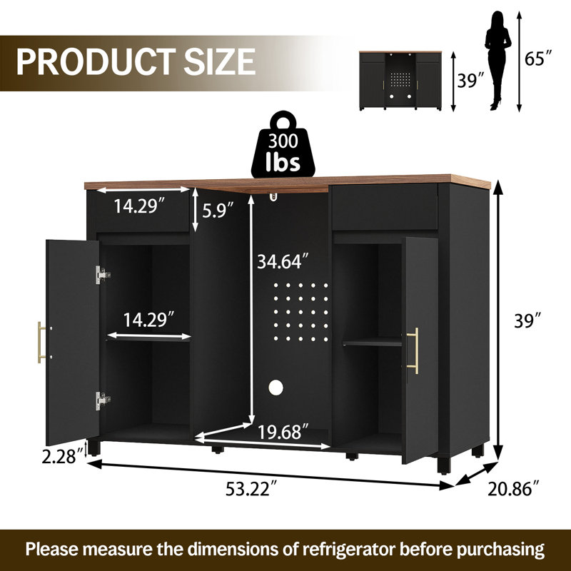 Large Coffee Bar Cabinet With Fridge Space(fridge Not Included),  Liquor Cabinets With Drawer & Storage,   Buffet Sideboard Table For Home, Fluted Modern Design,53.2" L