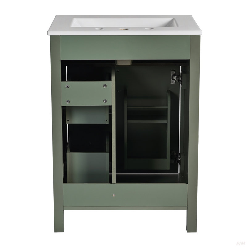 Meuble-lavabo de 24 pouces avec lavabo en céramique, 1 porte à fermeture en douceur, 2 tiroirs à fermeture en douceur et 2 supports de rangement sur la porte