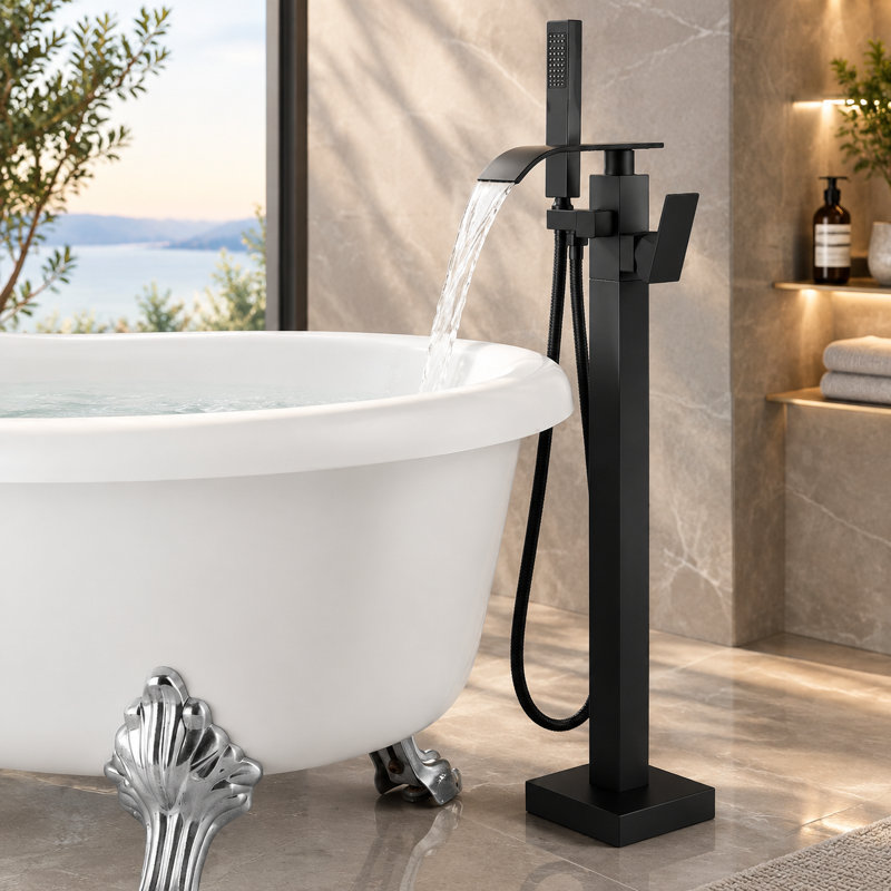Robinet de baignoire noir mat, robinet de baignoire autoportant fixé au sol avec douchette cascade et douchette, mélangeur à poignée simple
