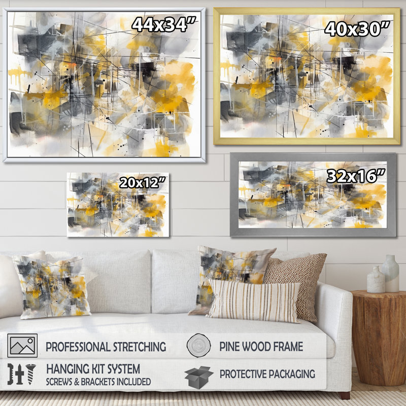 «Yellow and Gray Beyond The Canvas I», reproduction d'art sur toile, H 16 po x l 32 po x P 1 po, Cadre doré à une seule photo