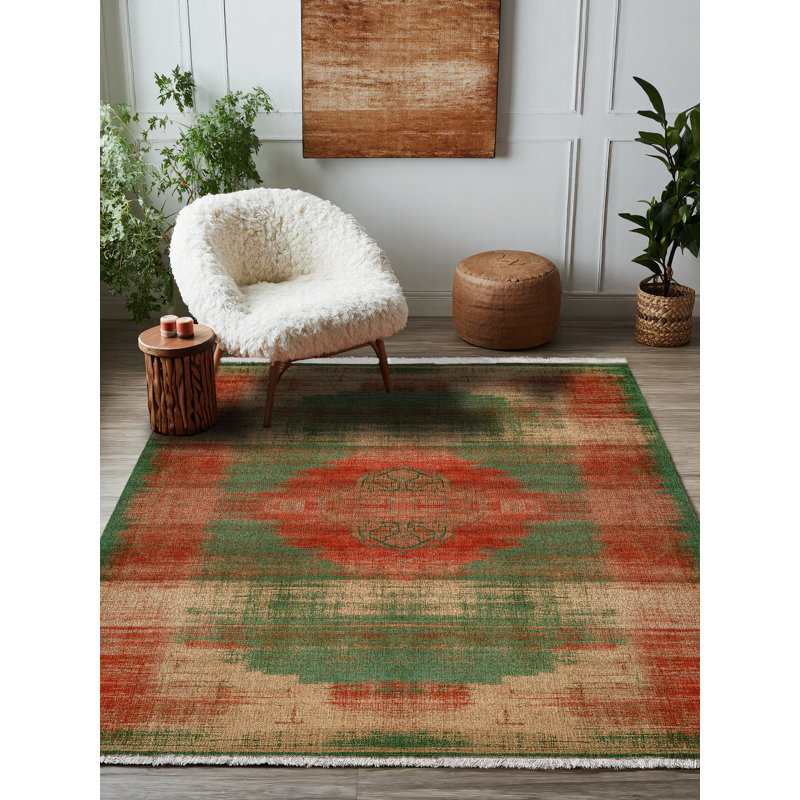 Tapis en coton et polyester vert à imprimé numérique Greysi Collection, Rectangle 4 pi x 7 pi 3 po