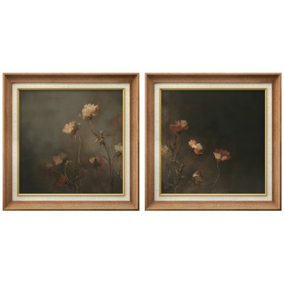 Moody Vintage Wildflower Floral Dark Botanical Wall Decor - Framed Paper Master Bedroom Wall Art 2 Pieces Print