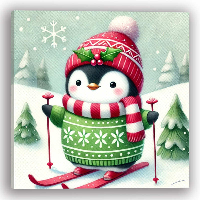«Snowy Day Delight: Penguin Skier», art mural sur toile, H 12 po x l 12 po x P 1 po