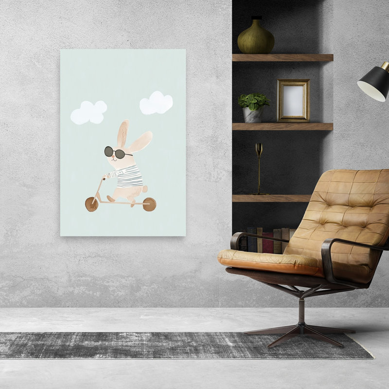 Cool Bunny Scooter Ride Modern Playful Whimsical Rabbit Forest Landscape Wall Art Print by Mathieu - Wrapped Canvas Print