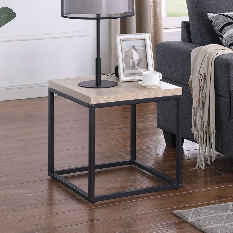 Square Solid Wood End Table Side Table Metal Base, 1