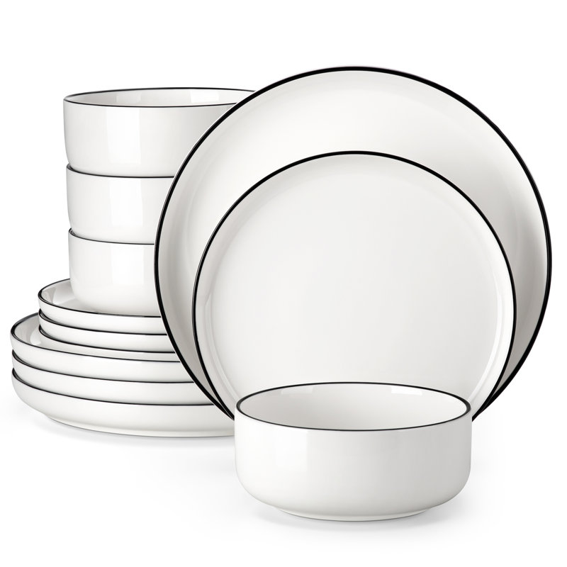 12 Piece Stoneware Dinnerware Set - Service for 4, Black/White/Ivory