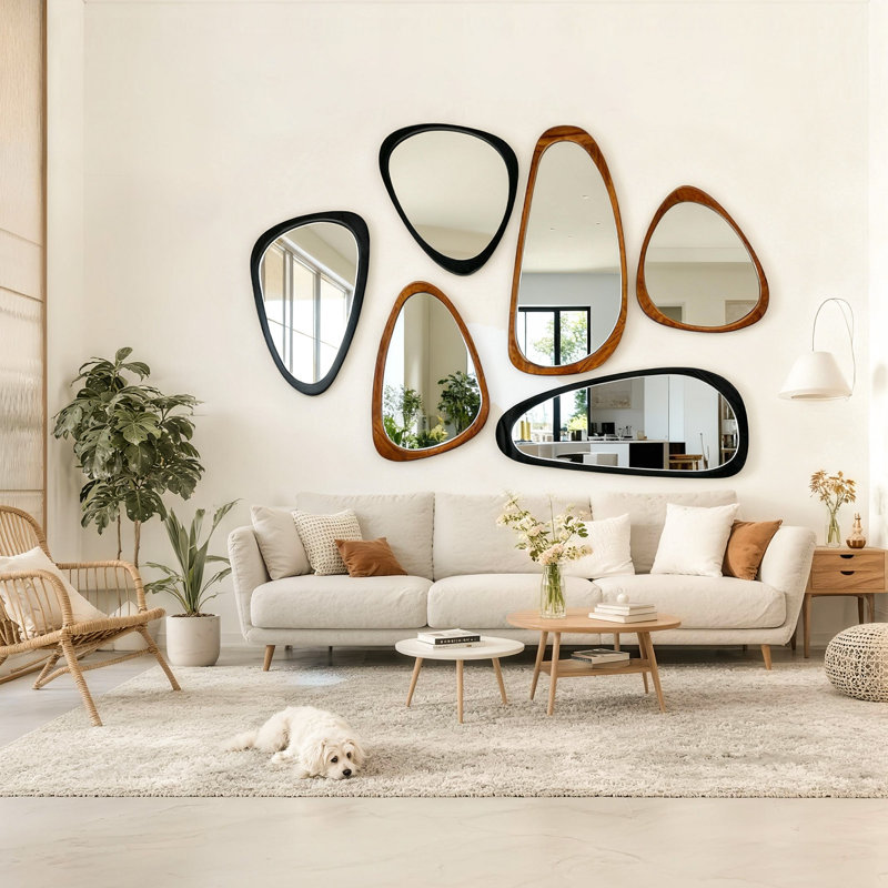 Asymmetrical Wood Framed Accent Wall Mirror, Brown, 48" x 22"