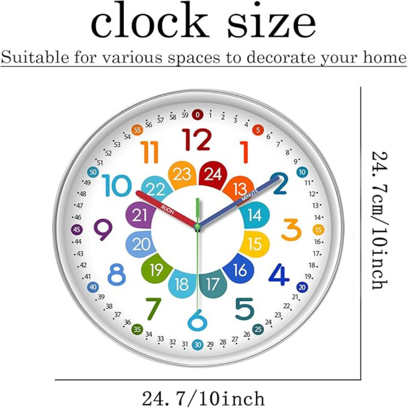 XFM Horloge murale colorée à pile de 10 pouces pour enfants apprenant dans la salle de jeux Petite horloge murale sans tic-tac