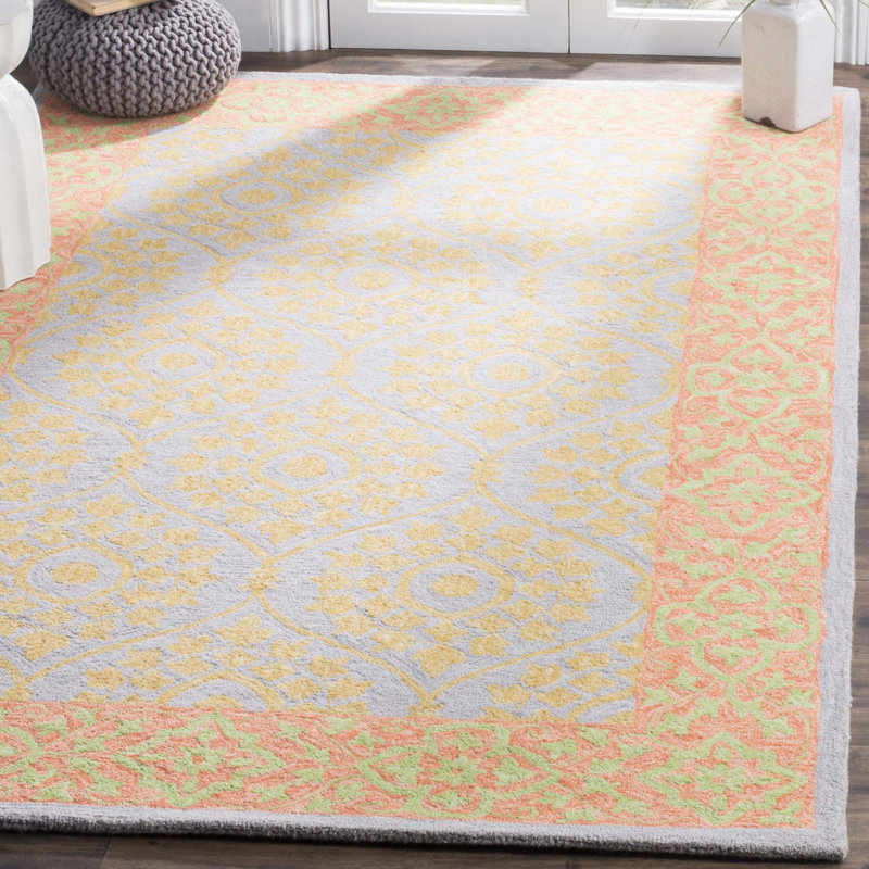 Guzi Hand Hooked Wool/Cotton Floral Rug in Orange/Silver, Rectangle 8' x 10'