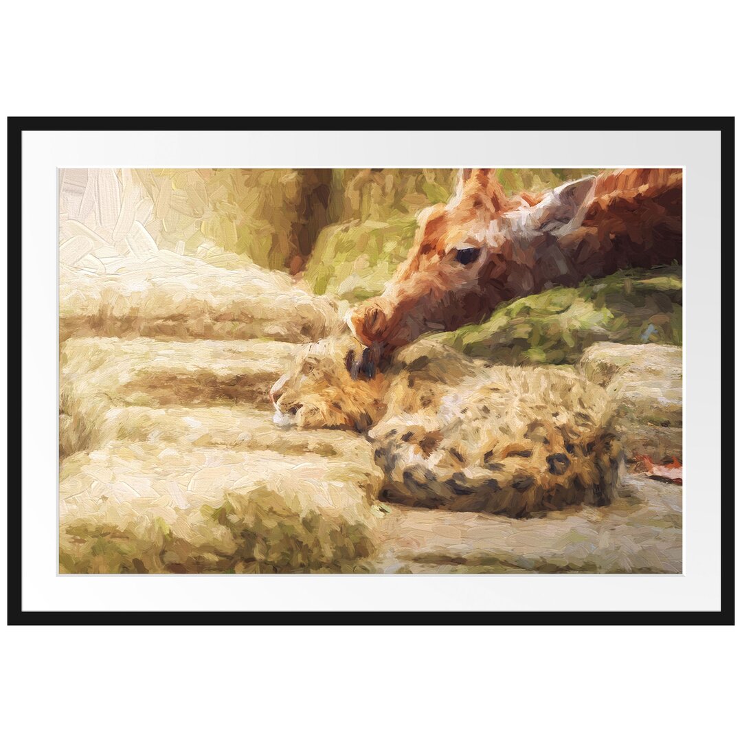 Gerahmtes Papierbild Leopard und Giraffe