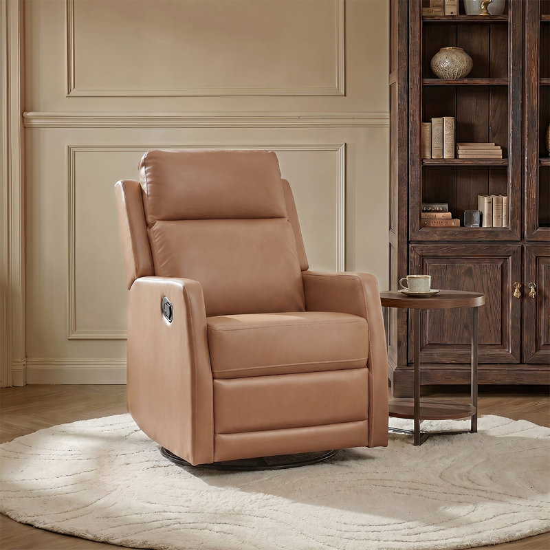 McGuffey Faux Leather Swivel Rocker Recliner with Metal Base, Camel Pebbled Faux Leather