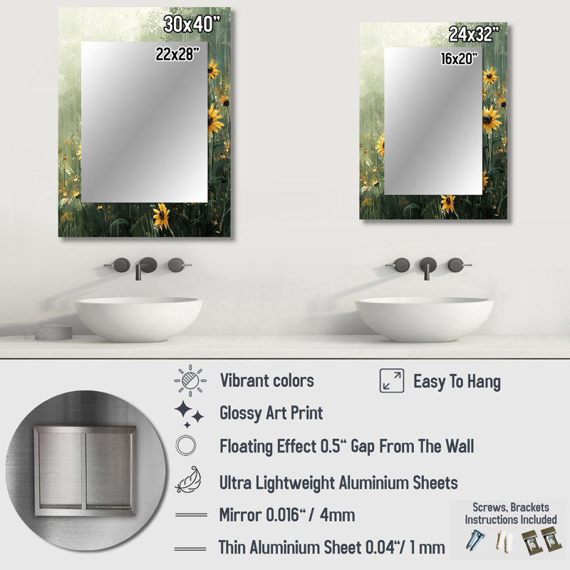 Rétro jour de pluie, tournesols II - grand miroir mural tournesols, 32 po x 24 po