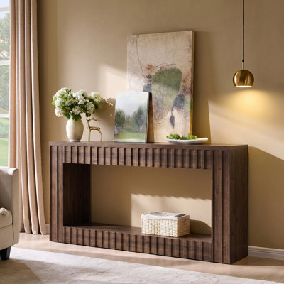 Solid Wood Console Table with Storage, 63-Inch Long Farmhouse Entryway Table, Sofa Table Behind the Couch, Wood Hallway Console for Living Room, Entrance, Stairs, Walnut Brown