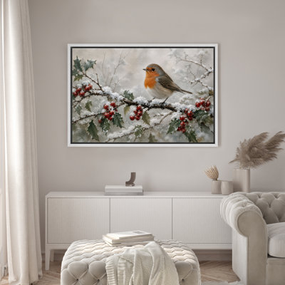 European Robin on Snowy Holly Berry Branch Framed Canvas Master Bedroom Wall Art Work Print