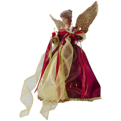 Décoration pour sommet de sapin ange avec ailes 13,5 po rouge et or - lumières claires