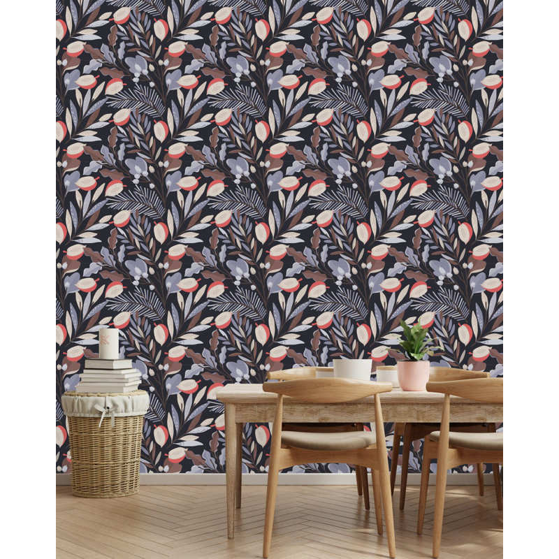 Papier peint feuilles avec baies et fruits, L 225 po x l 25 po