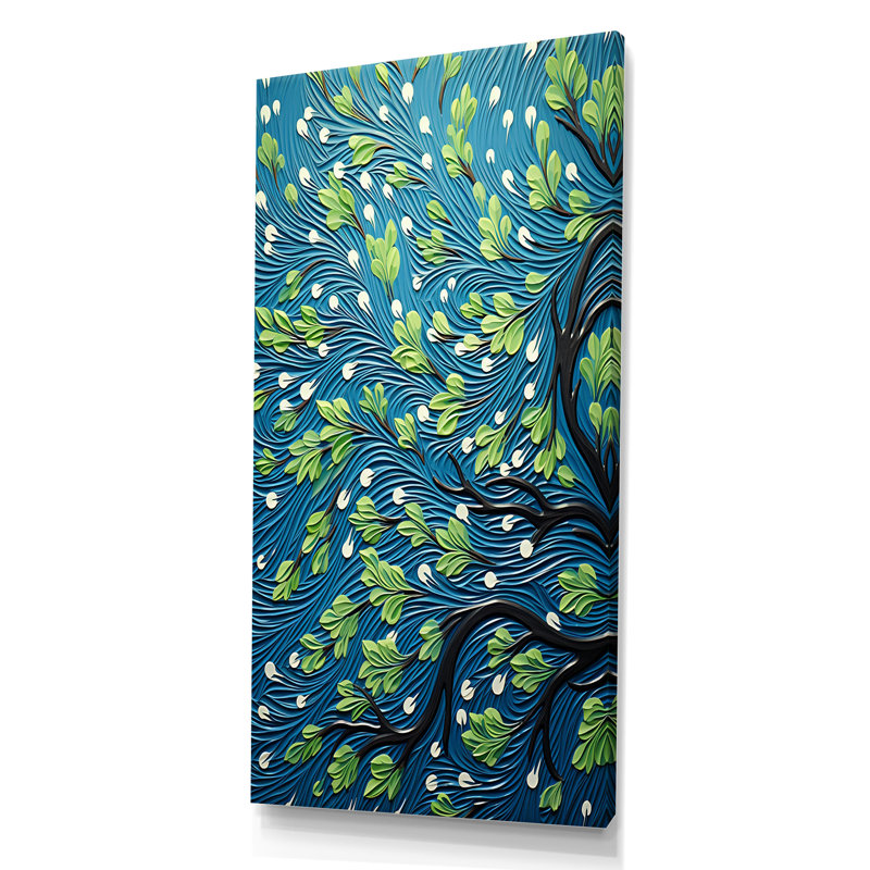 «Green and Blue Tree Dance» - Art mural sycomore, H 60 po x l 28 po x P 1,5 po, Toile tendue
