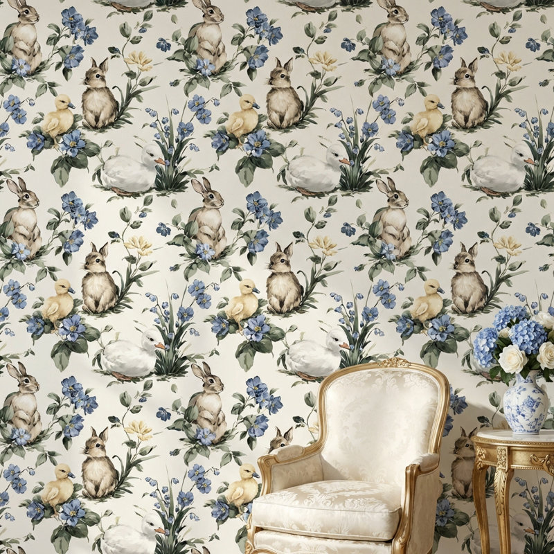 Papier peint rétro avec motif de lapins amovibles, Non tissé, non collé