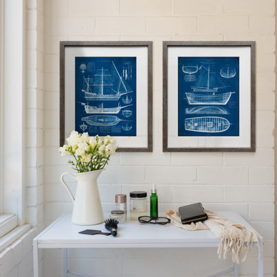 Antique Ship Blueprint I - Matted and Framed Under Acrylic Glass, Set of 2, Large Living Room Wall Art
