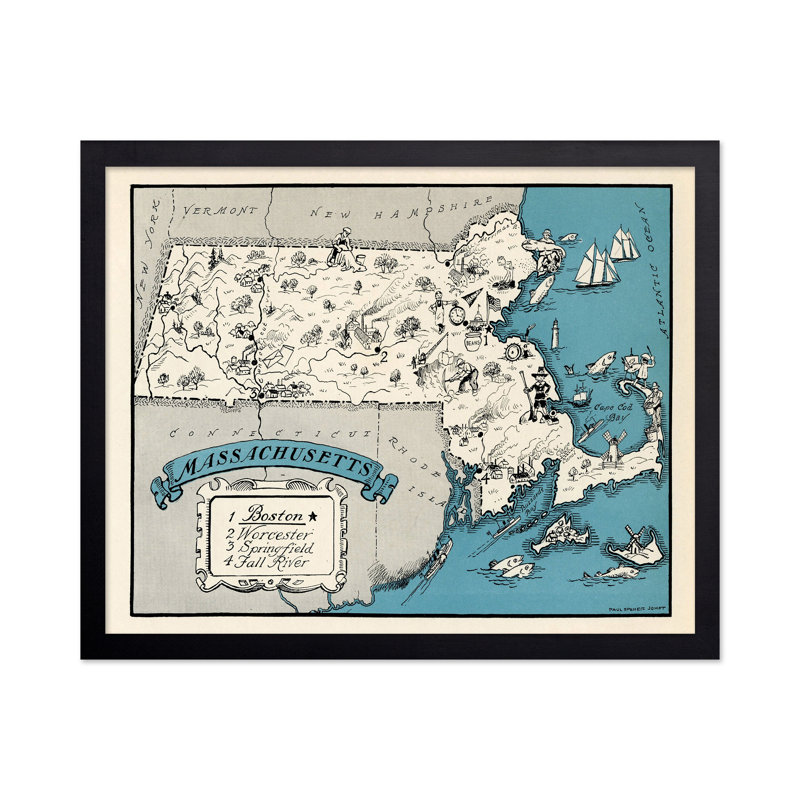 Carte illustrée du Massachusetts, H 18 po x l 24 po, Affiche, Cadre noir