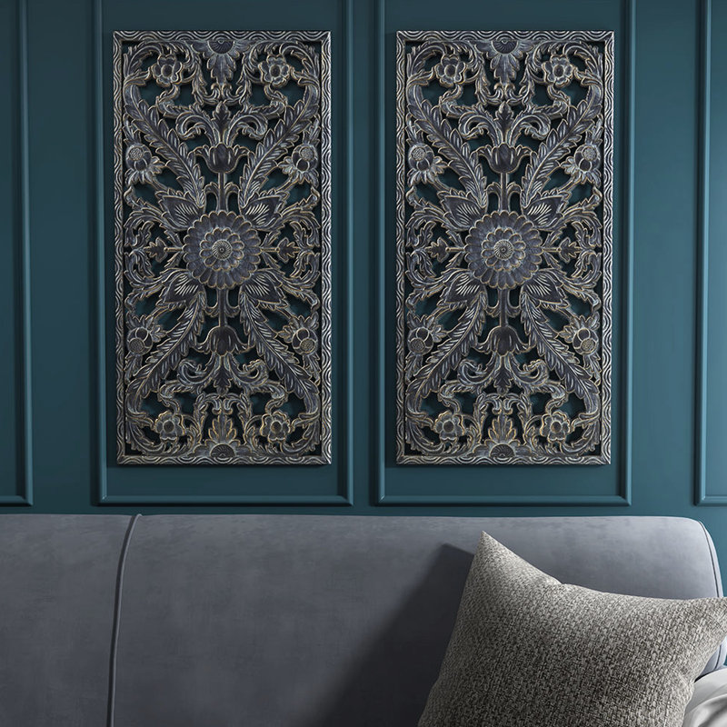 Décoration murale délavée - 2 fleurs de lotus bleu antique pour espaces intérieurs seulement et or suspendu