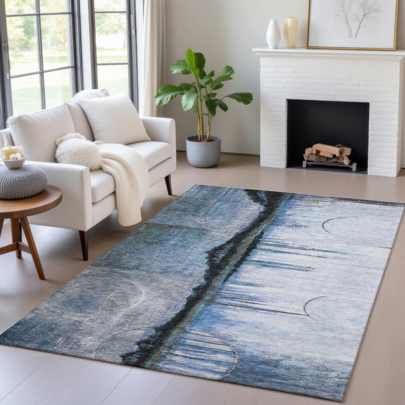 Machine Washable Indoor/Outdoor Xhevrie Blue Rug, Rectangle 10' x 14'