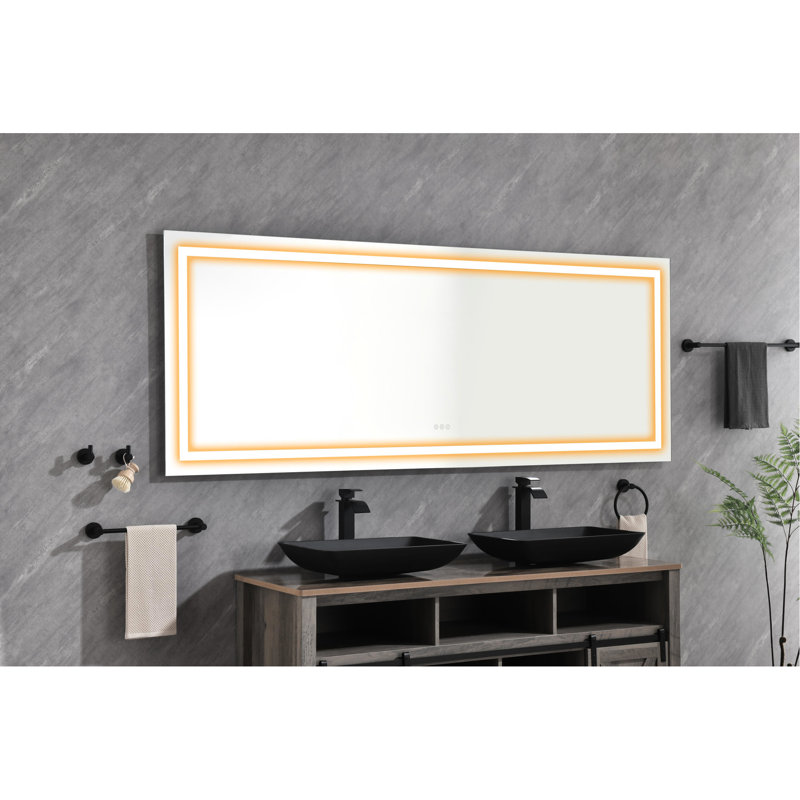 Miroir de salle de bain mural 72 po x 32 po à DEL avec mémoire de brouillard, 3 températures de couleur, gradation continue, verre HD, cadre en aluminium blanc pour la salle de bain à intensité variable, rétro-éclairage, brouillard, aluminium, décor