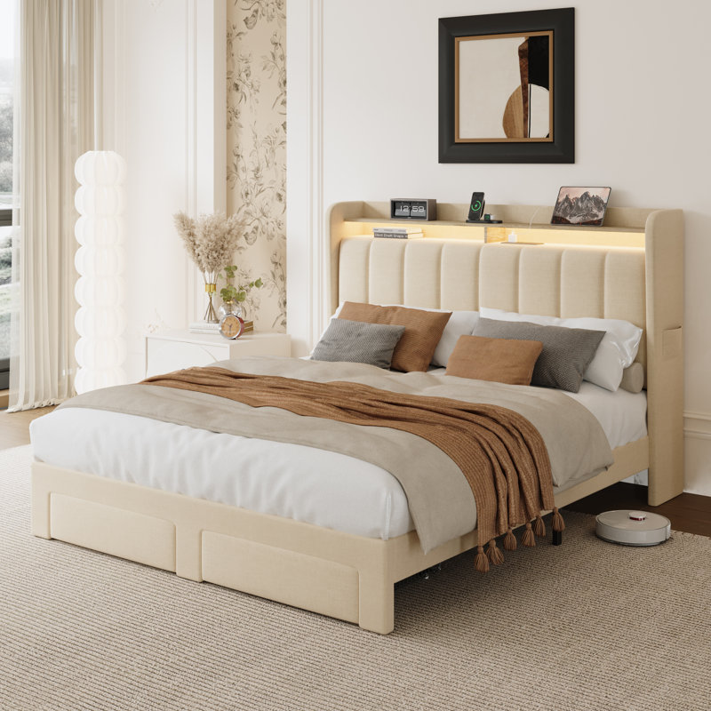 Upholstered Platform Bed Frame With Wingback Design Headboard,Charging Station,LED Lights And 2 Storage Drawers, Beige, Queen