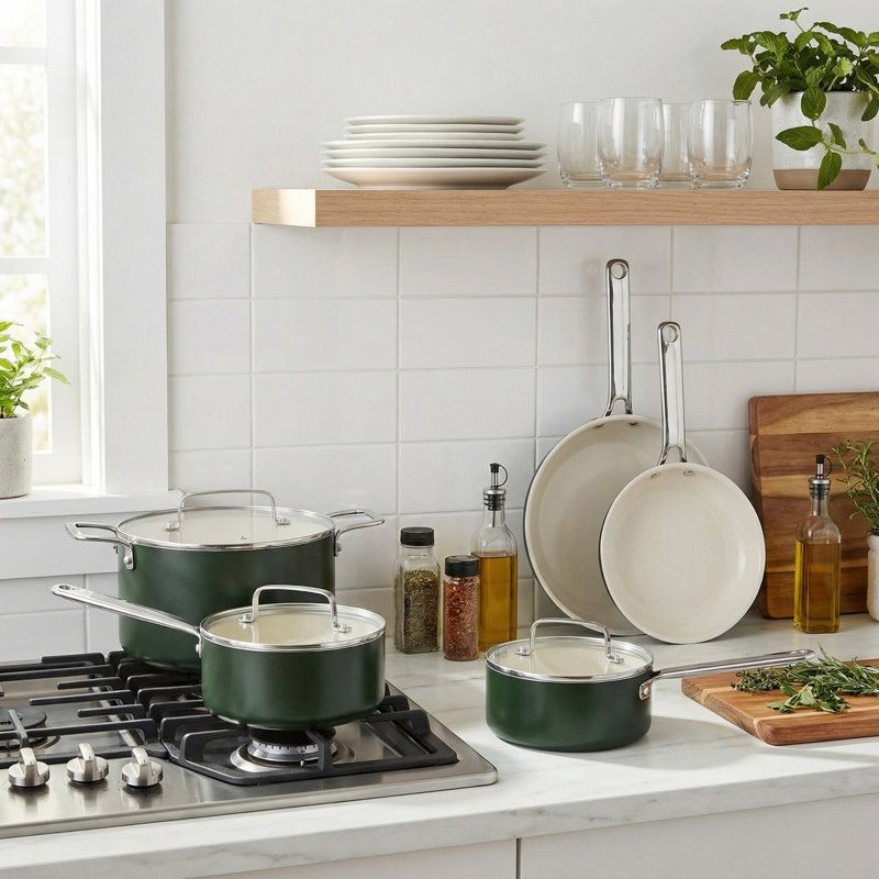 15 - Piece Non-Stick Ceramic Cookware Set, Green