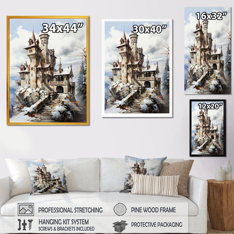 Mediaval Castle In Winter Charm II - Châteaux, art mural, Cadre simple blanc, H 20 po x l 12 po x P 1 po