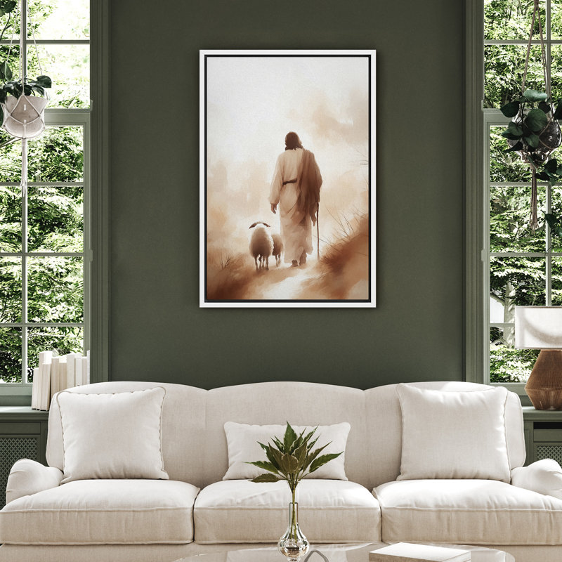 Impression sur toile «Jesus with Sheep», confession religieuse, H 24 po x l 16 po, Impression encadrée sans passe-partout
