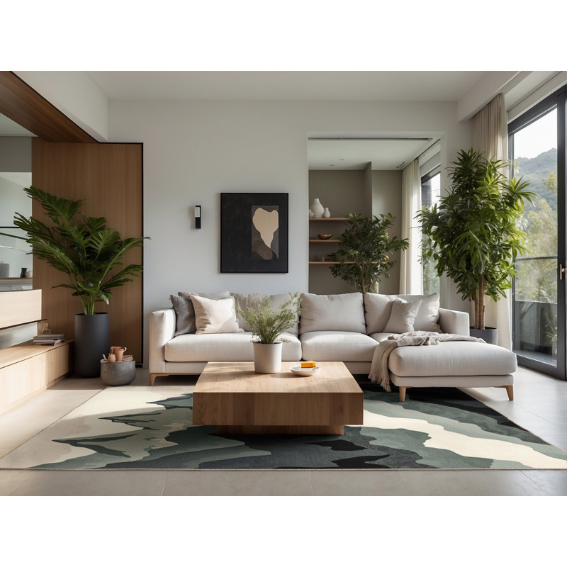 Soft Plush Fairbanks Patagonia Landscape Rustic Arc Area Rug in Beige – Beige Binding, 5x7