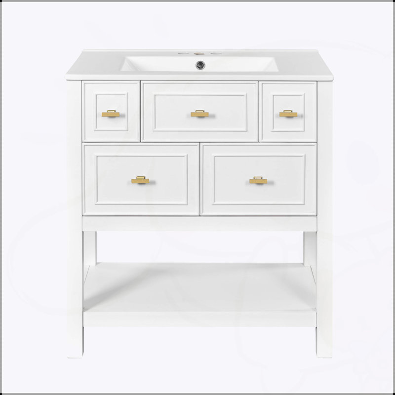Meuble-lavabo blanc de 30 po avec lavabo en céramique, rangement à 5 tiroirs, structure en bois massif, idéal pour les salles de bain modernes et élégantes.