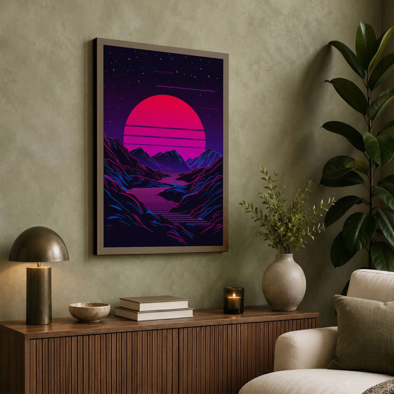 Sunset Beyond Mountains Retro - Wrapped Canvas, 36x24 - 91.4 x 61.0 cm, Terracotta Border