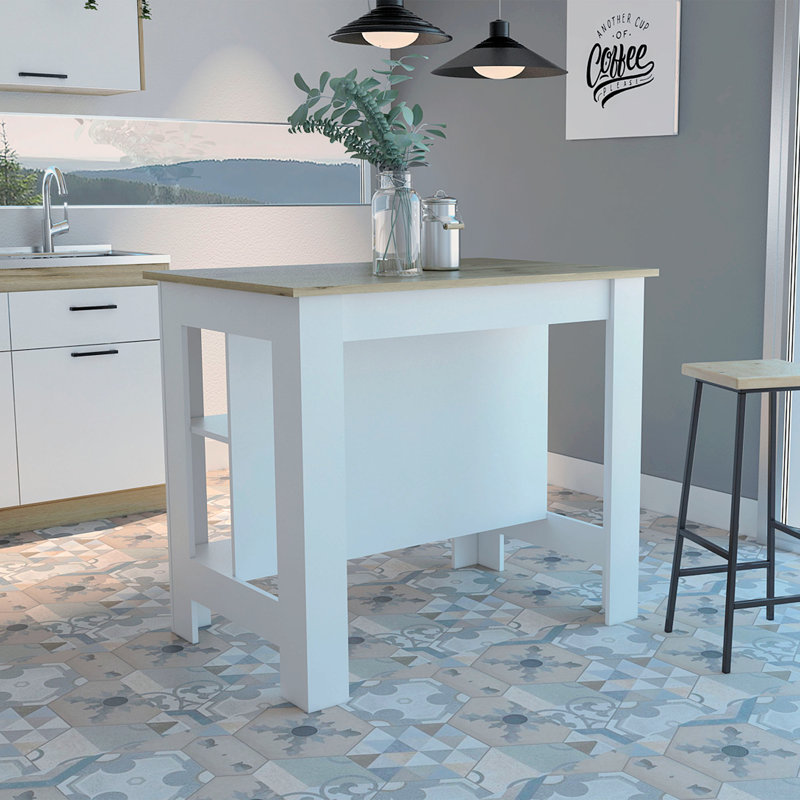 Kitchen Island, Four Legs, Three Shelves, White/Oak