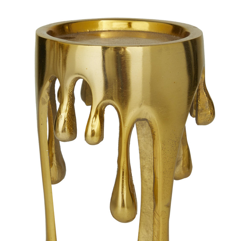 Gold Aluminum Metal Abstract Drip Decorative Candle Holder with Melting Designed Legs, Set of 3 12", 10", 8"H, Gold