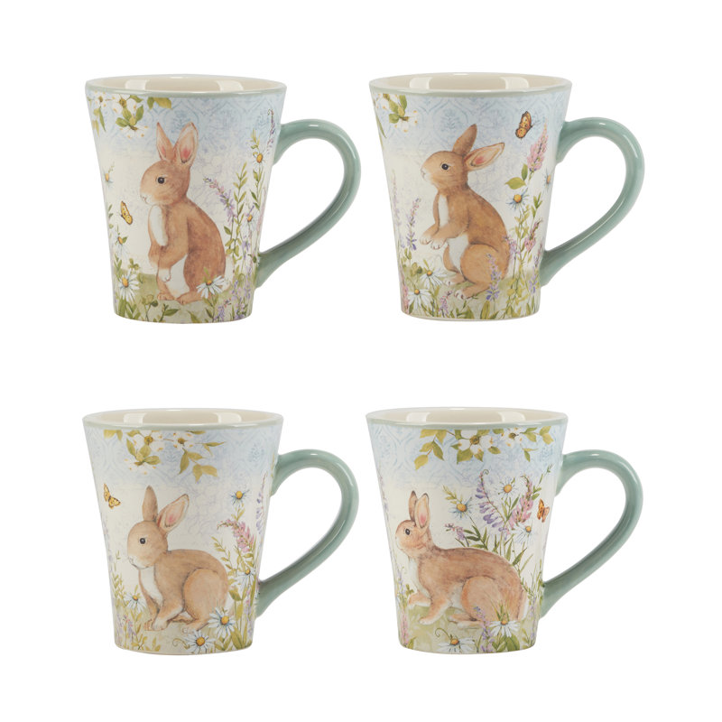 Easter Meadow Set of 4 Mugs – 16oz Ceramic Mugs with Bunny, Wildflower & Butterfly Design – Microwave & Dishwasher Safe, Comfortable Handle – Perfect for Springtime Sipping & Décor