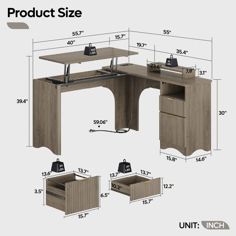 Daymen 55Inch Lift Top L Shaped Desk with Power Outlet, Fluted Computer Desk with File Drawer and shelf , Home Office Desk with Monitor Stand and Cable Management