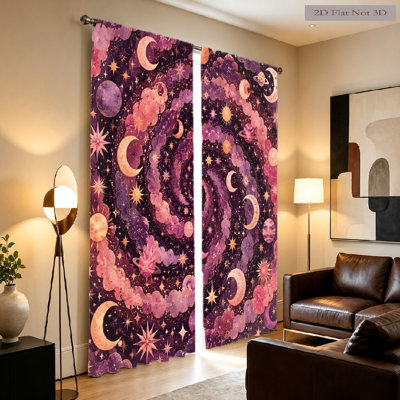 2Pcs Celestial Galaxy Curtains, Light Filtering Fabric, Mysterious Swirl Star Moon Planet Print Pattern, Sunshade and Privacy Protection, Rod-Pocket Design, Suitable for Living Room, Bedroom, Balcony, Kitchen Home Decoration